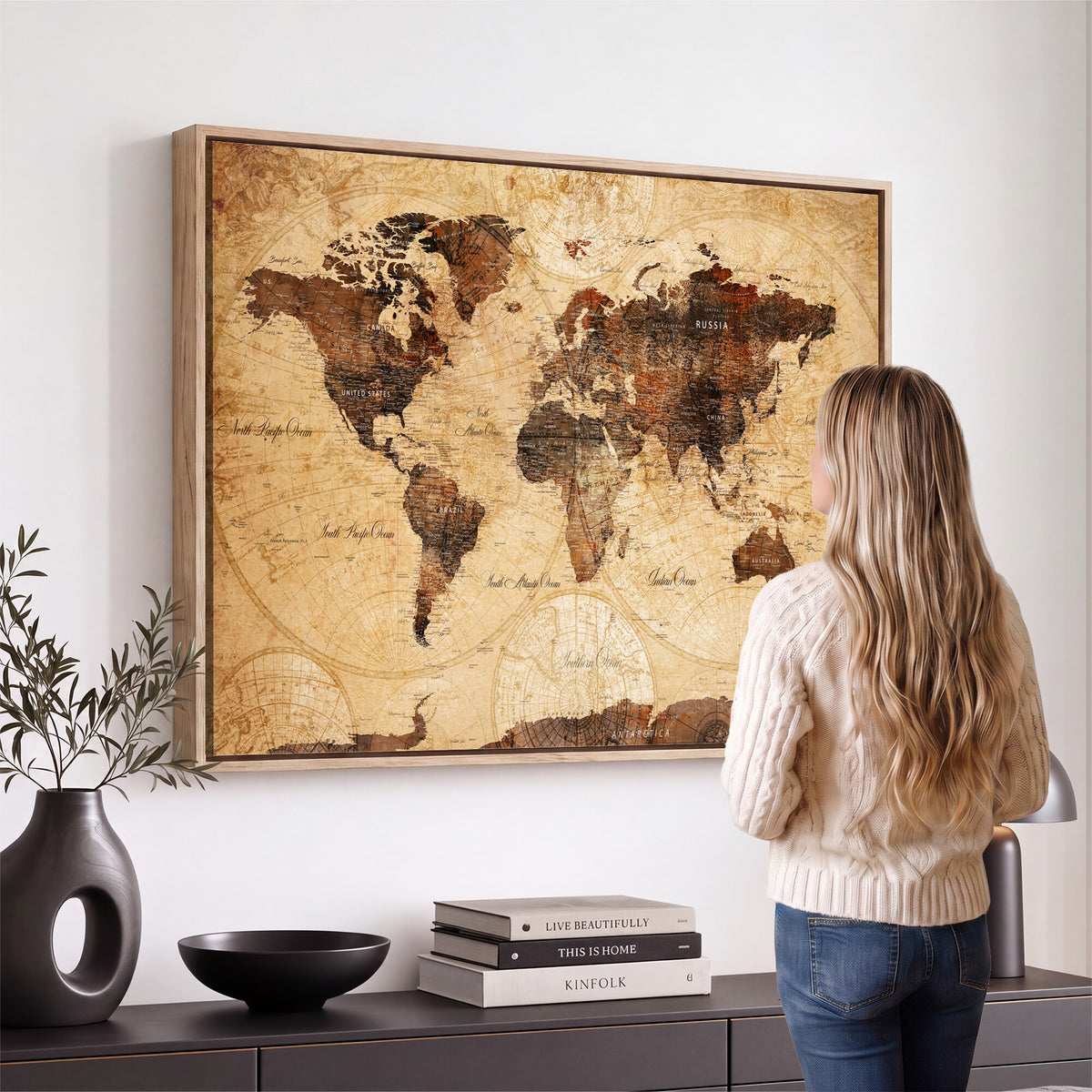 40760475-MGV-CV-36X24 - World Map Wall Art Canvas Print, Modern Decorative Framed Map Artwork Prints for Living Room, Office, Bedroom Wall Decor