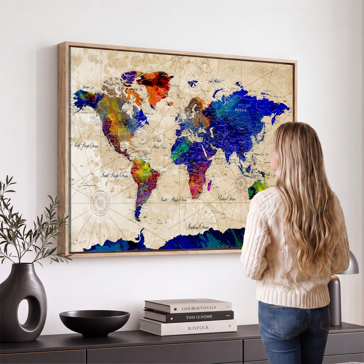 26284075-MGV-CV-36X24 - World Map Wall Art Canvas Print, Modern Decorative Framed Map Artwork Prints for Living Room, Office, Bedroom Wall Decor