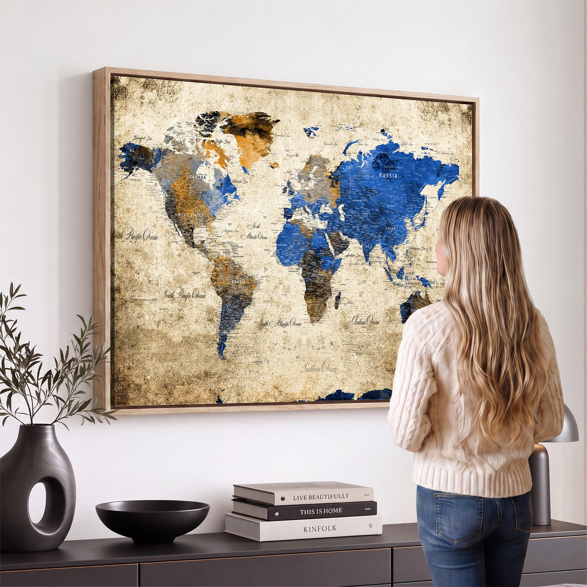 27314341-MGV-CV-36X24 - World Map Wall Art Canvas Print, Modern Decorative Framed Map Artwork Prints for Living Room, Office, Bedroom Wall Decor
