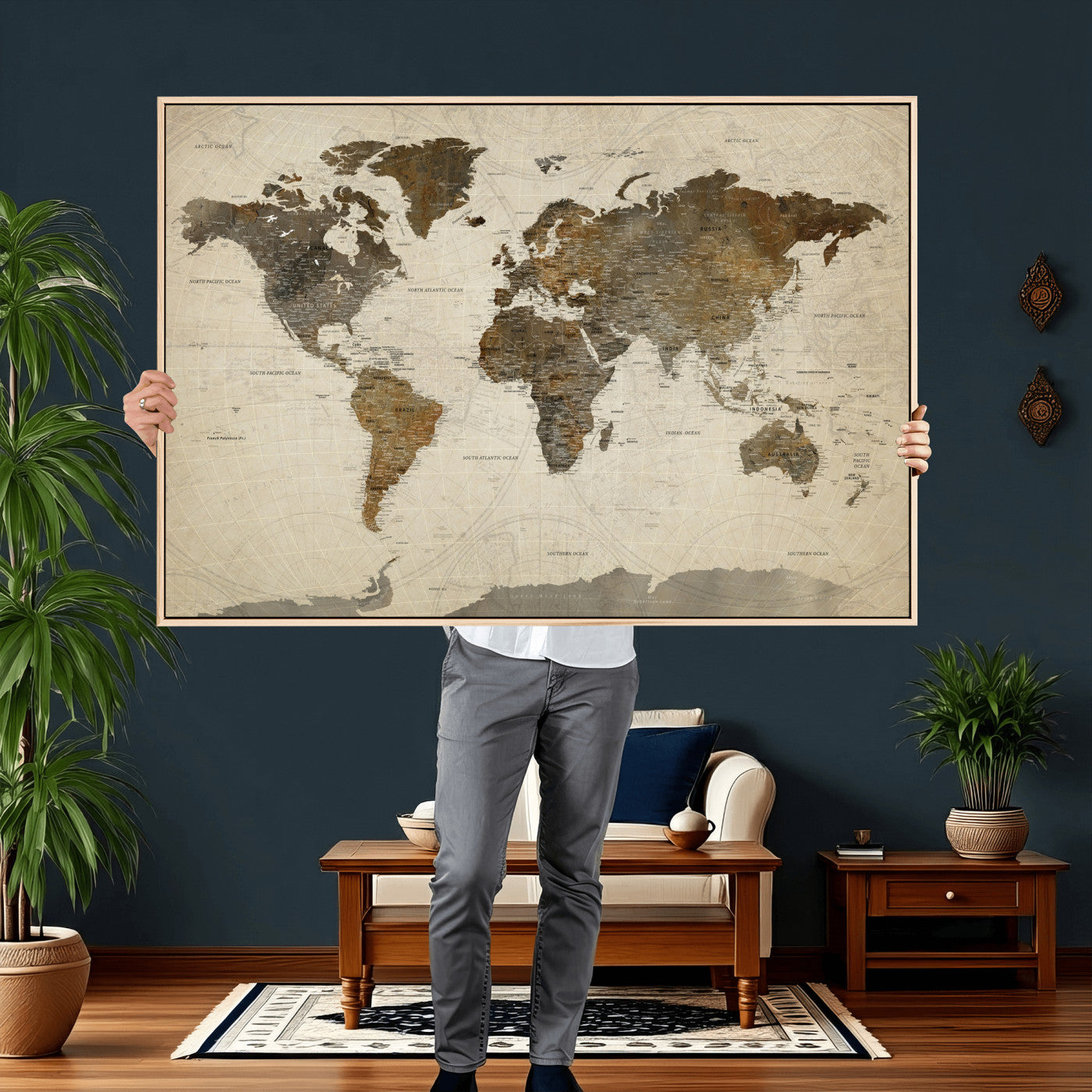 49623468-MGV-CV-36X24 - World Map Wall Art Canvas Print, Modern Decorative Framed Map Artwork Prints for Living Room, Office, Bedroom Wall Decor