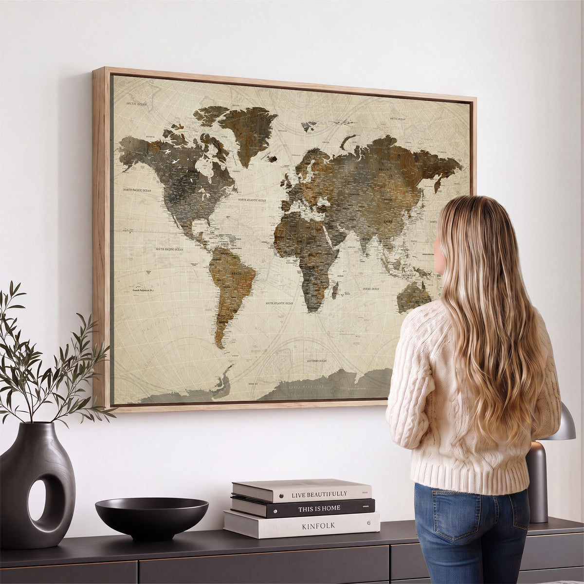 49623468-MGV-CV-36X24 - World Map Wall Art Canvas Print, Modern Decorative Framed Map Artwork Prints for Living Room, Office, Bedroom Wall Decor