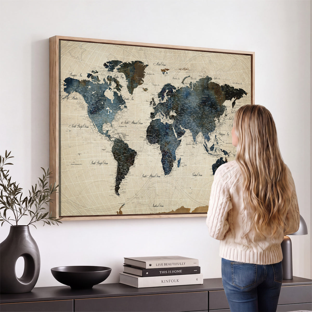 72927803-MGV-CV-36X24 - World Map Wall Art Canvas Print, Modern Decorative Framed Map Artwork Prints for Living Room, Office, Bedroom Wall Decor
