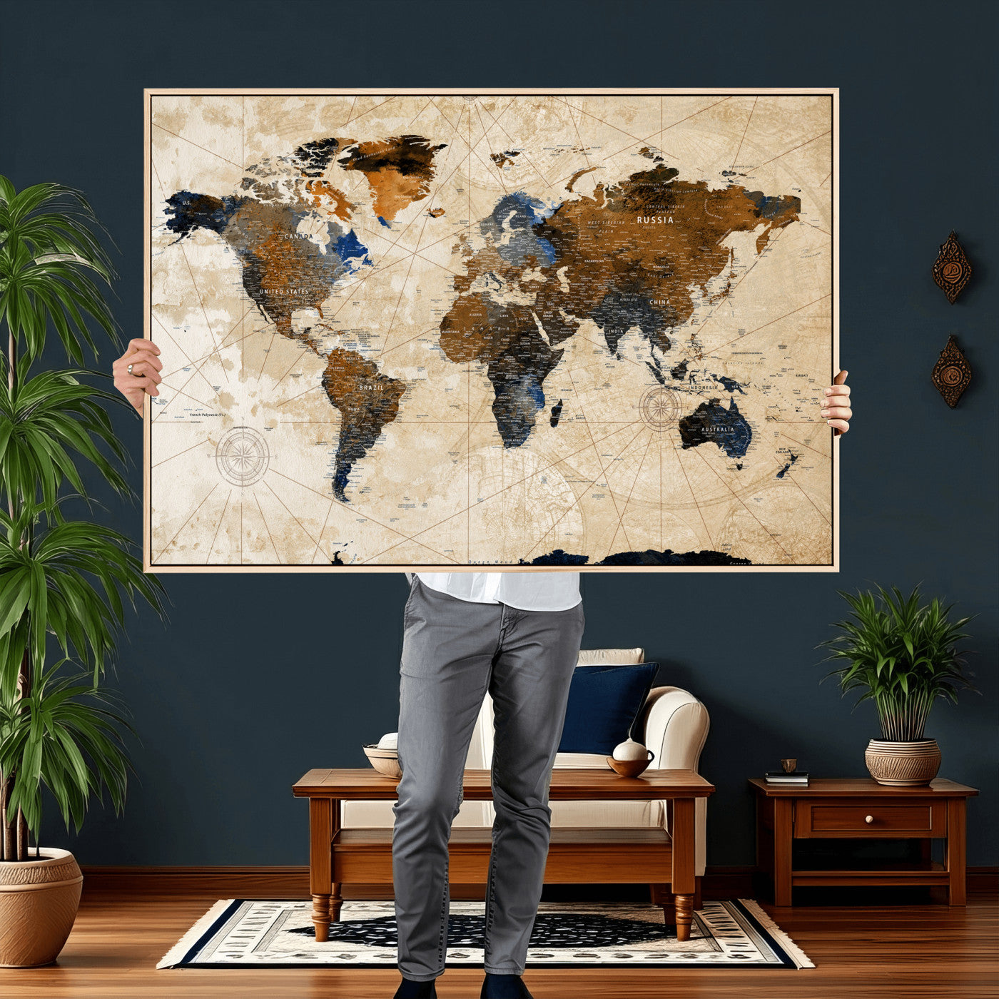 15727090-MGV-CV-36X24 - World Map Wall Art Canvas Print, Modern Decorative Framed Map Artwork Prints for Living Room, Office, Bedroom Wall Decor