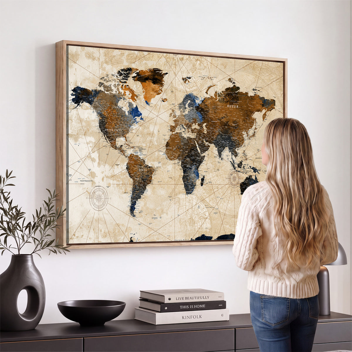 15727090-MGV-CV-36X24 - World Map Wall Art Canvas Print, Modern Decorative Framed Map Artwork Prints for Living Room, Office, Bedroom Wall Decor