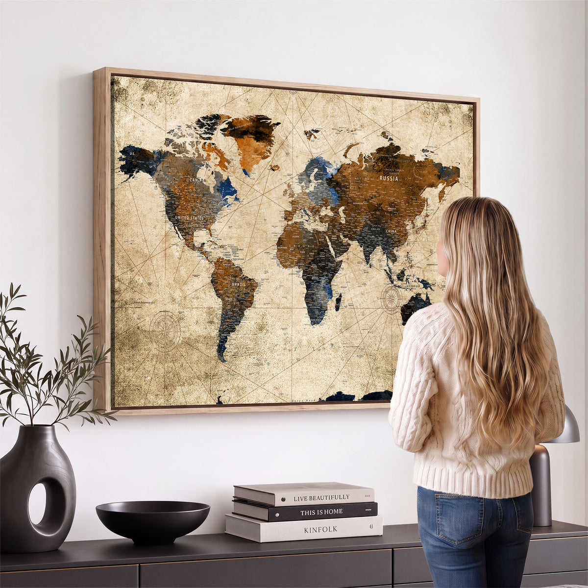 27163414-MGV-CV-36X24 - World Map Wall Art – Rustic Earth Tone Canvas Print, Antique
