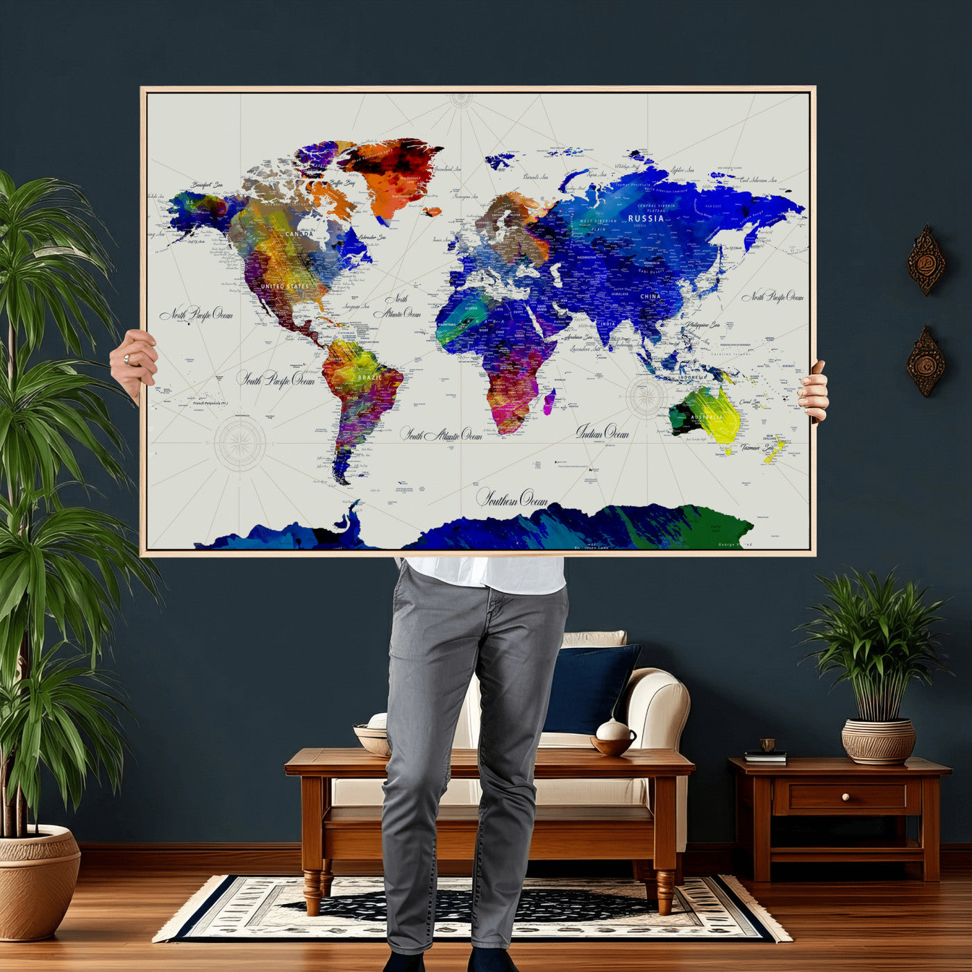 49670038-MGV-CV-36X24 - World Map Wall Art Canvas Print, Modern Decorative Framed Map Artwork Prints for Living Room, Office Decor