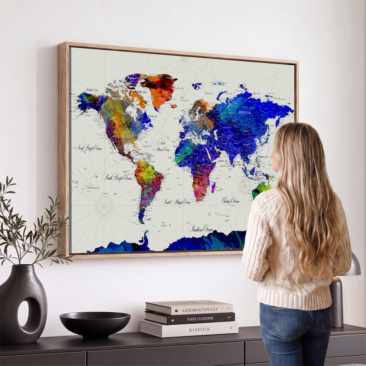 49670038-MGV-CV-36X24 - World Map Wall Art Canvas Print, Modern Decorative Framed Map Artwork Prints for Living Room, Office, Bedroom Wall Decor