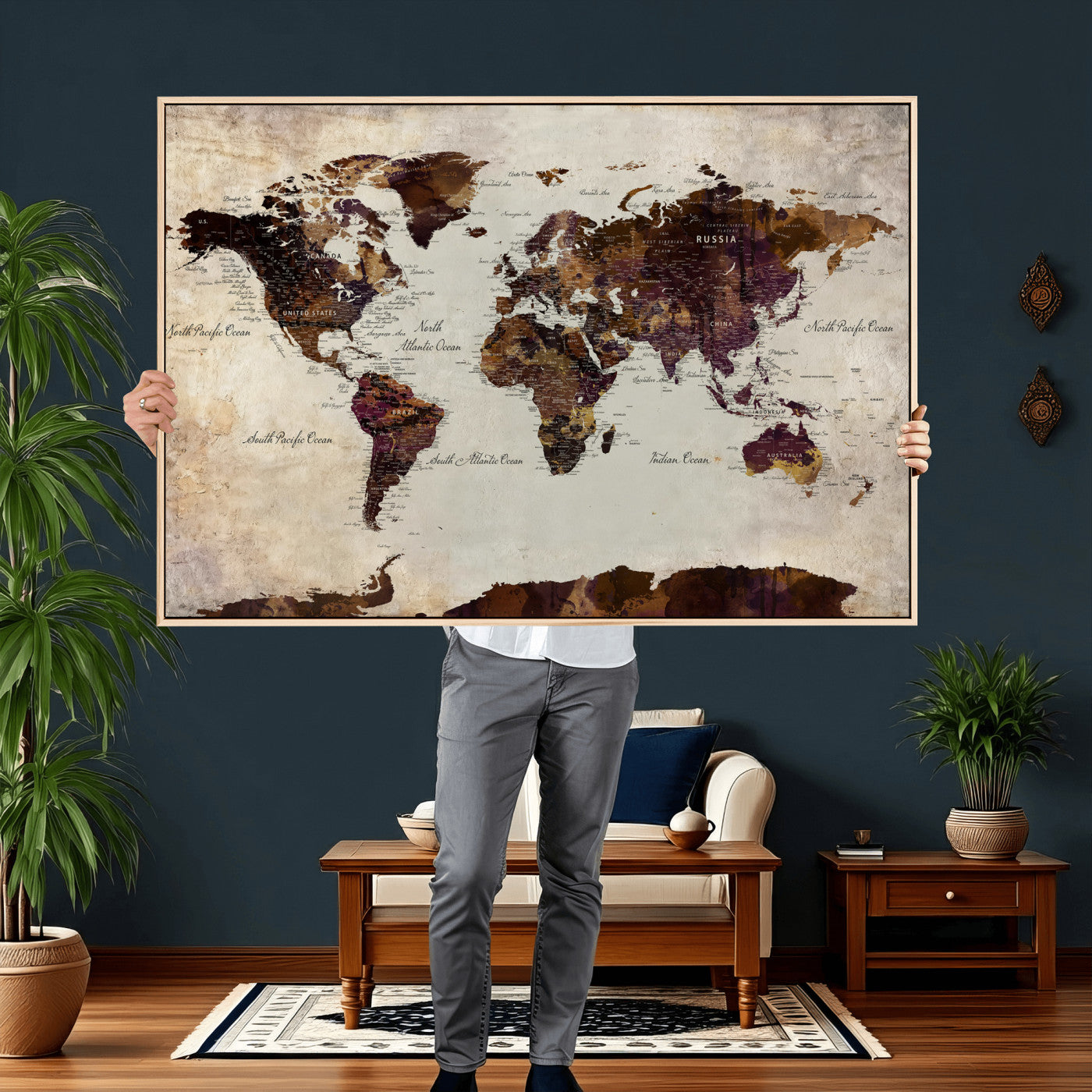 50611123-MGV-CV-36X24 - World Map Canvas Triptych – Colorful Global Wall Art for Living Rooms, Offices, and Study Spaces