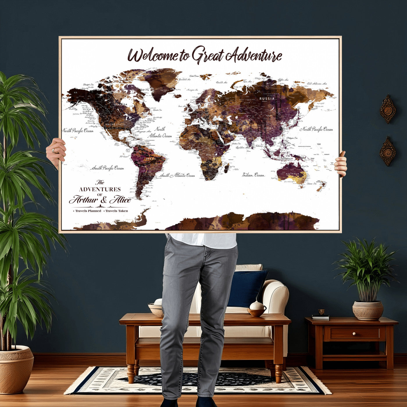 64110391125-MGV-CV-36X24 - Custom Push Pin World Map Wall Art Canvas Print – Personalized Travel Tracker with Pins Framed Large for Home and Office Decor