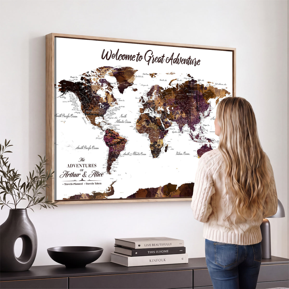 64110391125-MGV-CV-36X24 - Custom Push Pin World Map Wall Art Canvas Print | Personalized Travel Map