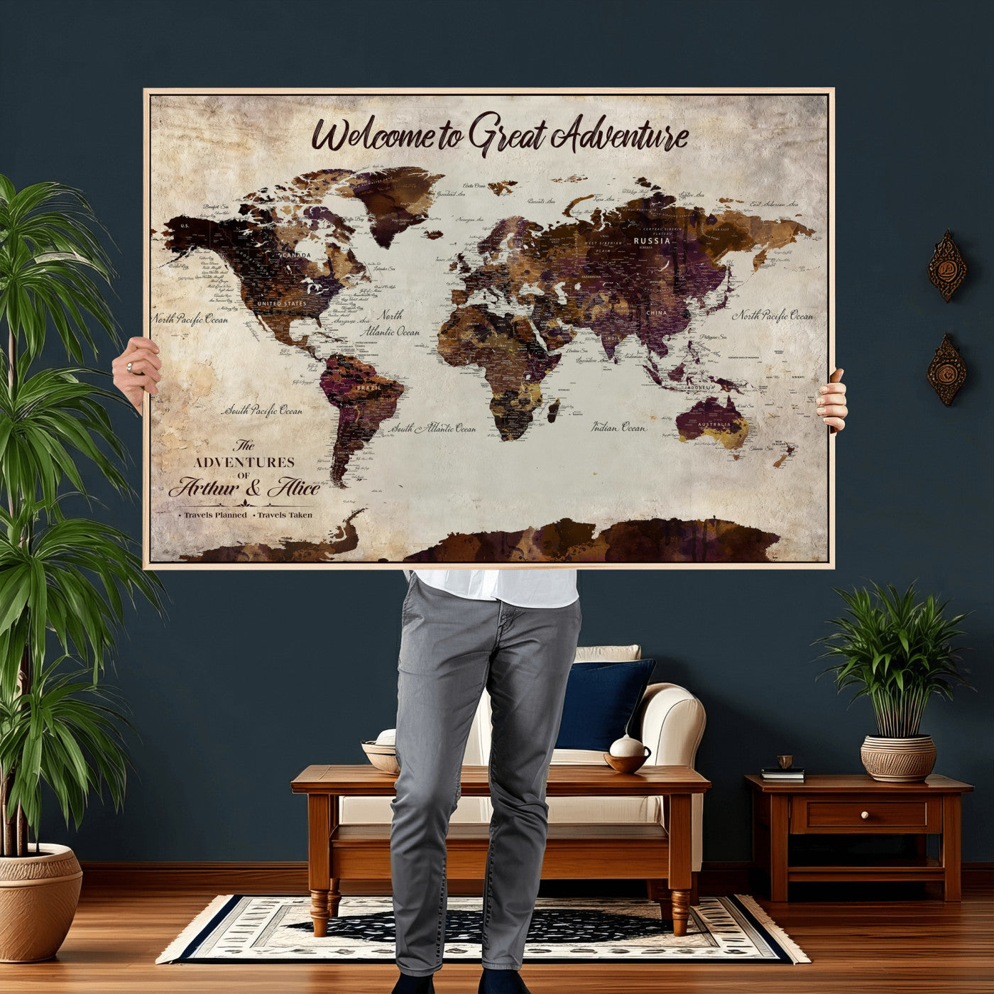 64110391126-MGV-CV-36X24-Custom Push Pin World Map Wall Art Canvas Print – Personalized Travel Tracker with Pins Framed Large for Home and Office Decor