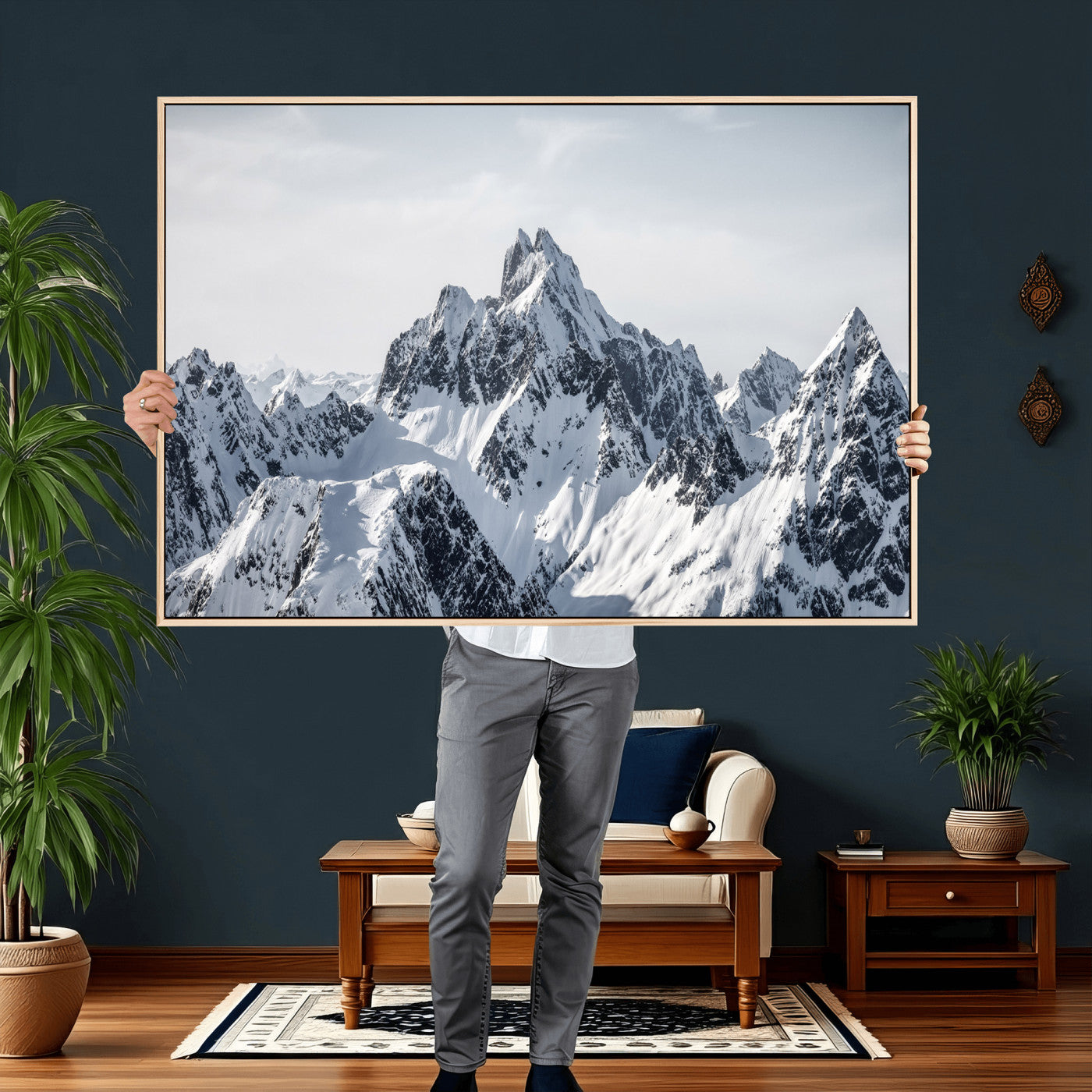 33126265-MGV-CV-36X24 - Snowy Mountain Range Canvas Print, Alpine Peaks Landscape Wall Art, Framed Canvas Ready to Hang