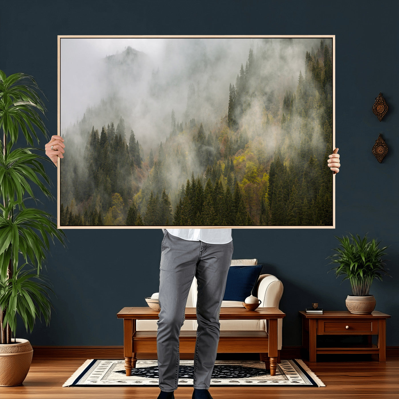 31152954-MGV-CV-36X24 - Misty Mountain Forest Canvas Print, Foggy Pine Trees Nature Wall Art, Framed Canvas Ready to Hang