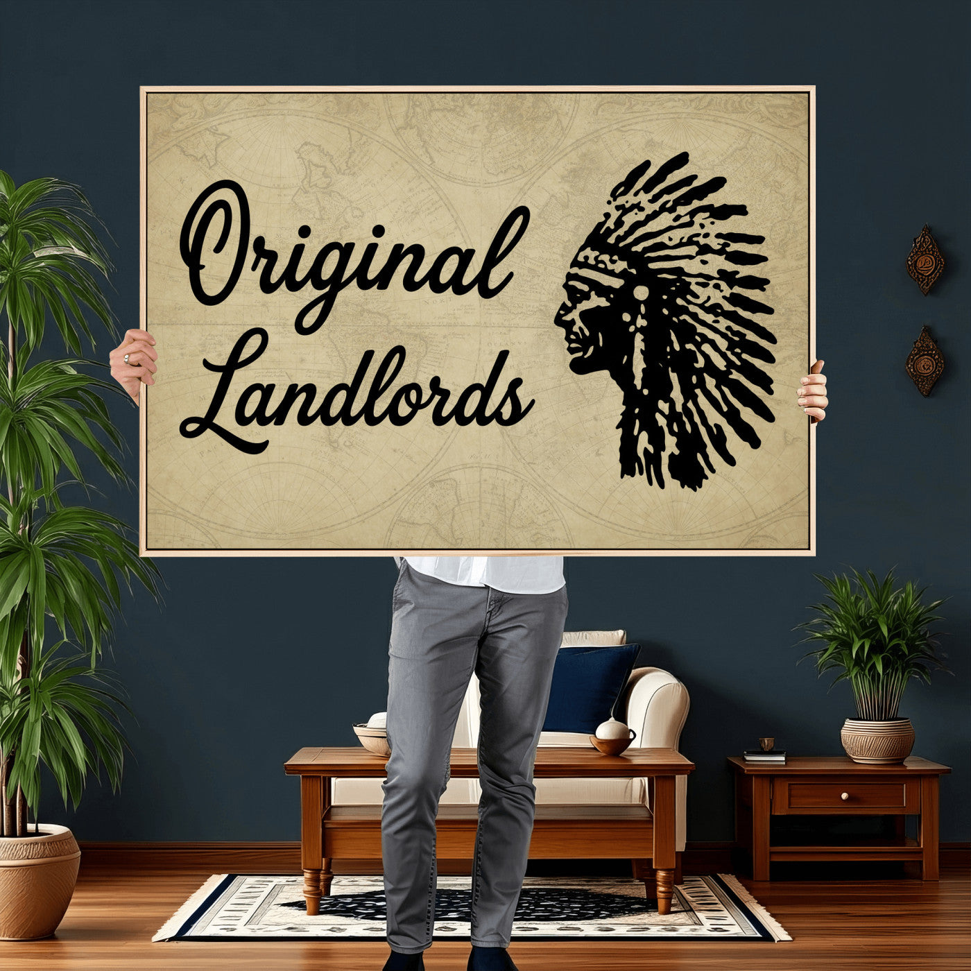 56844712-MGV-CV-36X24 - Original Landlords Wall Art Canvas Print, Native American Silhouette Artwork, Framed Wall Art Ready to Hang