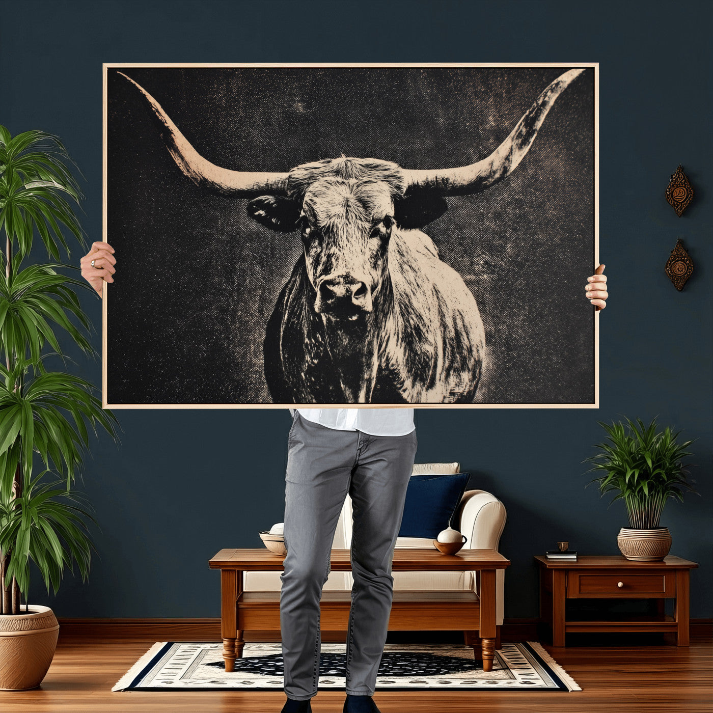 27394218-MGV-CV-36X24 - Vintage Texas Longhorn Bull Wall Art Canvas Print, Cow Portrait Photography Print, Framed Wall Art Ready to Hang