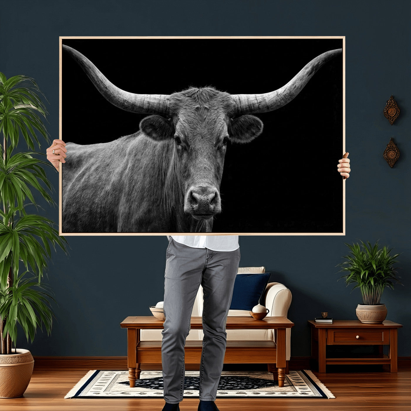 32601430-MGV-CV-36X24 - Texas Longhorn Bull Wall Art Canvas Print, Cow Portrait Photography, Framed Wall Art Ready to Hang