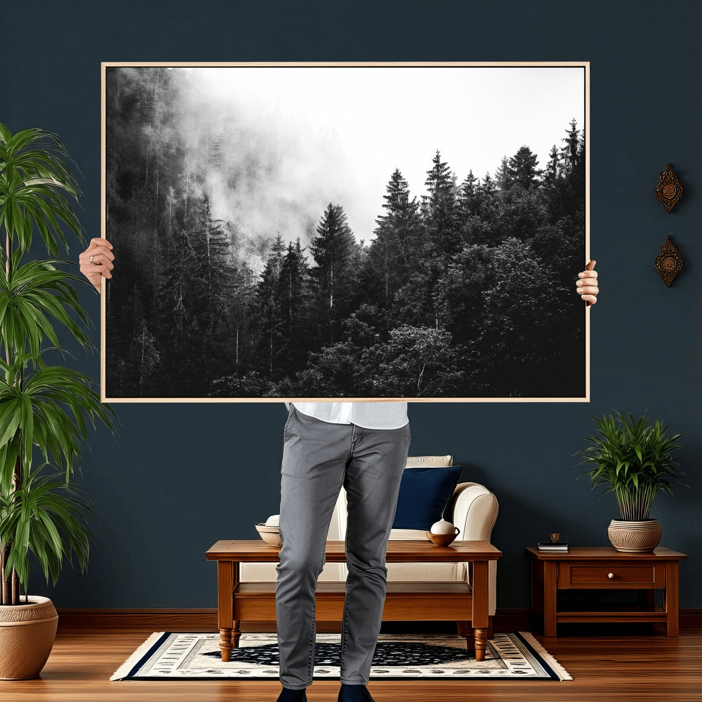 98764151-MGV-CV-36X24 - Black and White Forest Wall Art Canvas Print, Misty Pine Tree Landscape Photography, Framed Wall Art Ready to Hang
