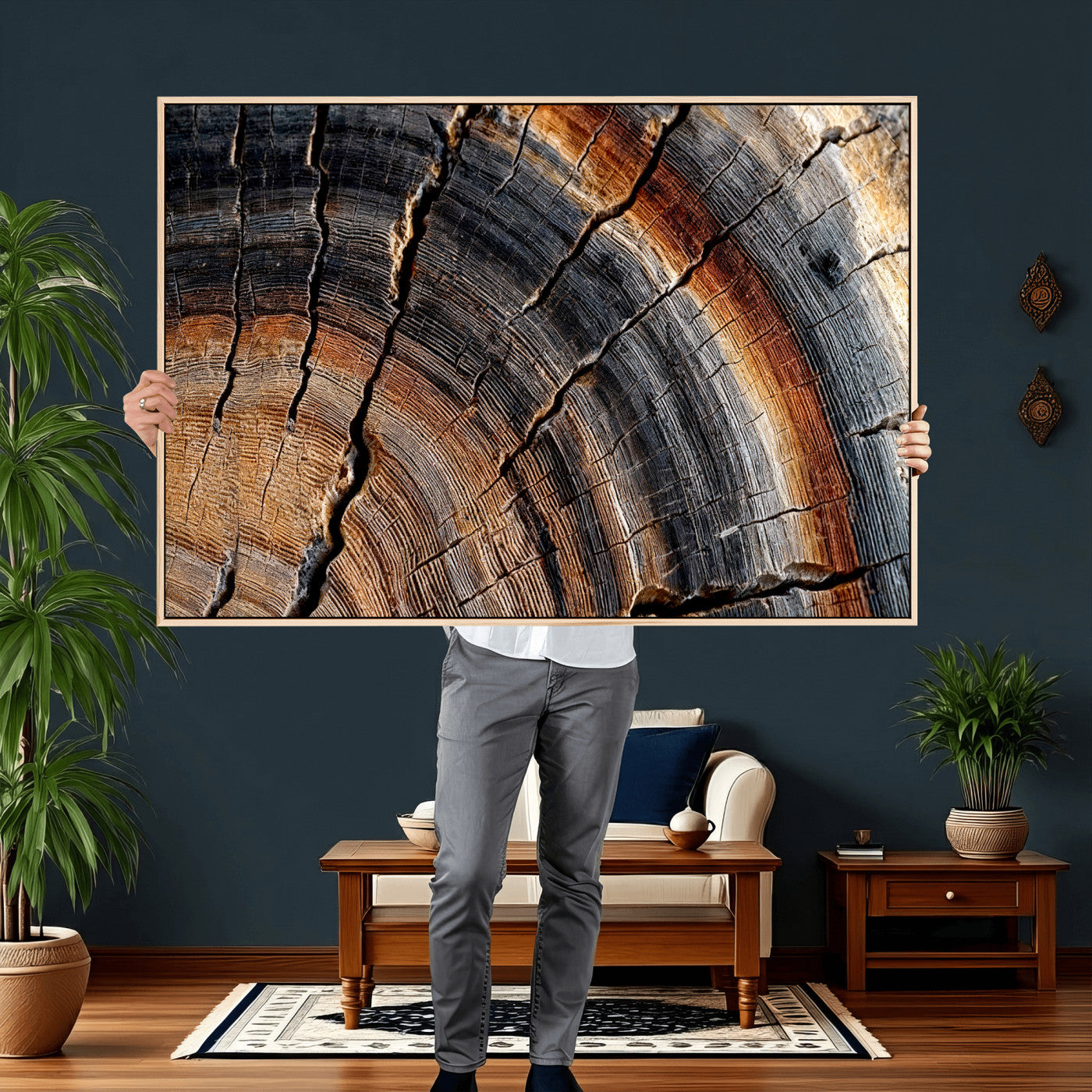 92693966E-MGV-CV-36X24 - Framed Large Abstract Wood Grain Canvas Print, Tree Ring Pattern Wall Art, Framed Canvas Ready to Hang