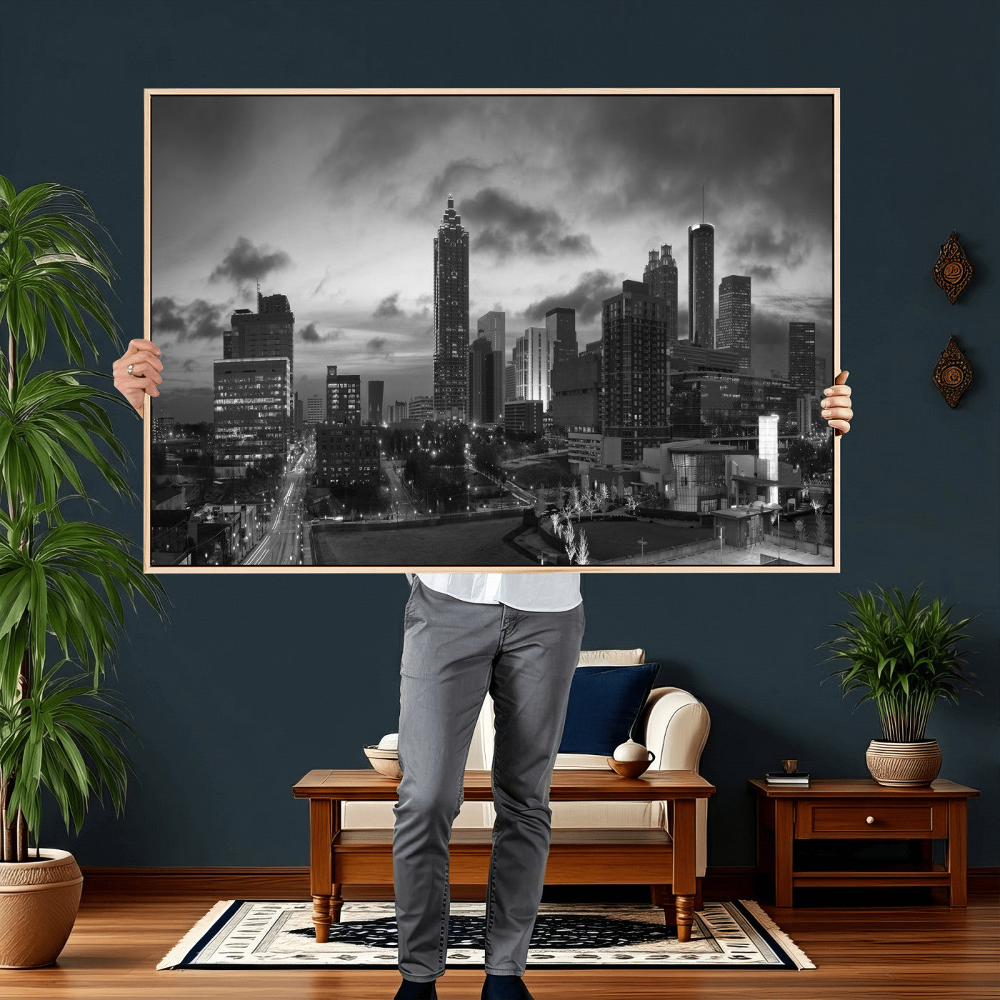 91959506-MGV-CV-36X24 - Atlanta Skyline Wall Art Canvas Print, Atlanta Downtown Night Cityscape Print for Modern Urban Wall Decor
