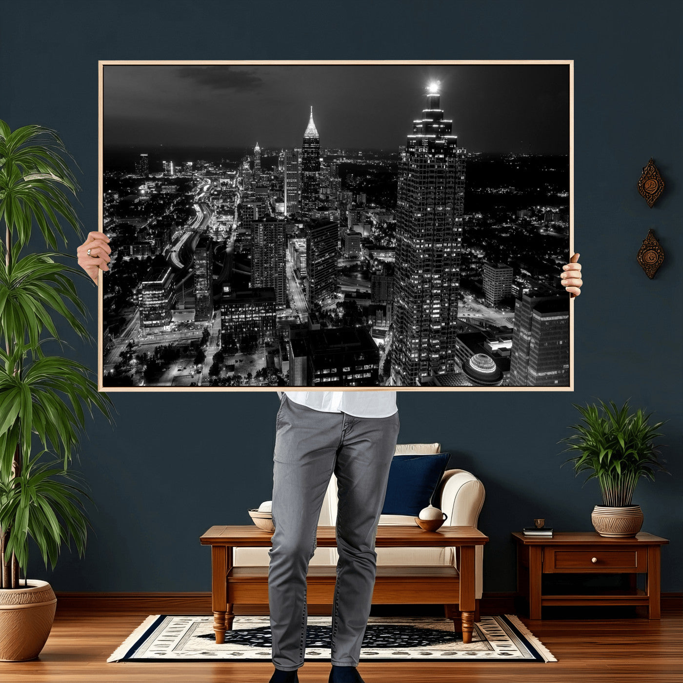 56773510-MGV-CV-36X24 - Atlanta Skyline Wall Art Canvas Print, Atlanta Downtown Night Cityscape Print for Modern Urban Wall Decor