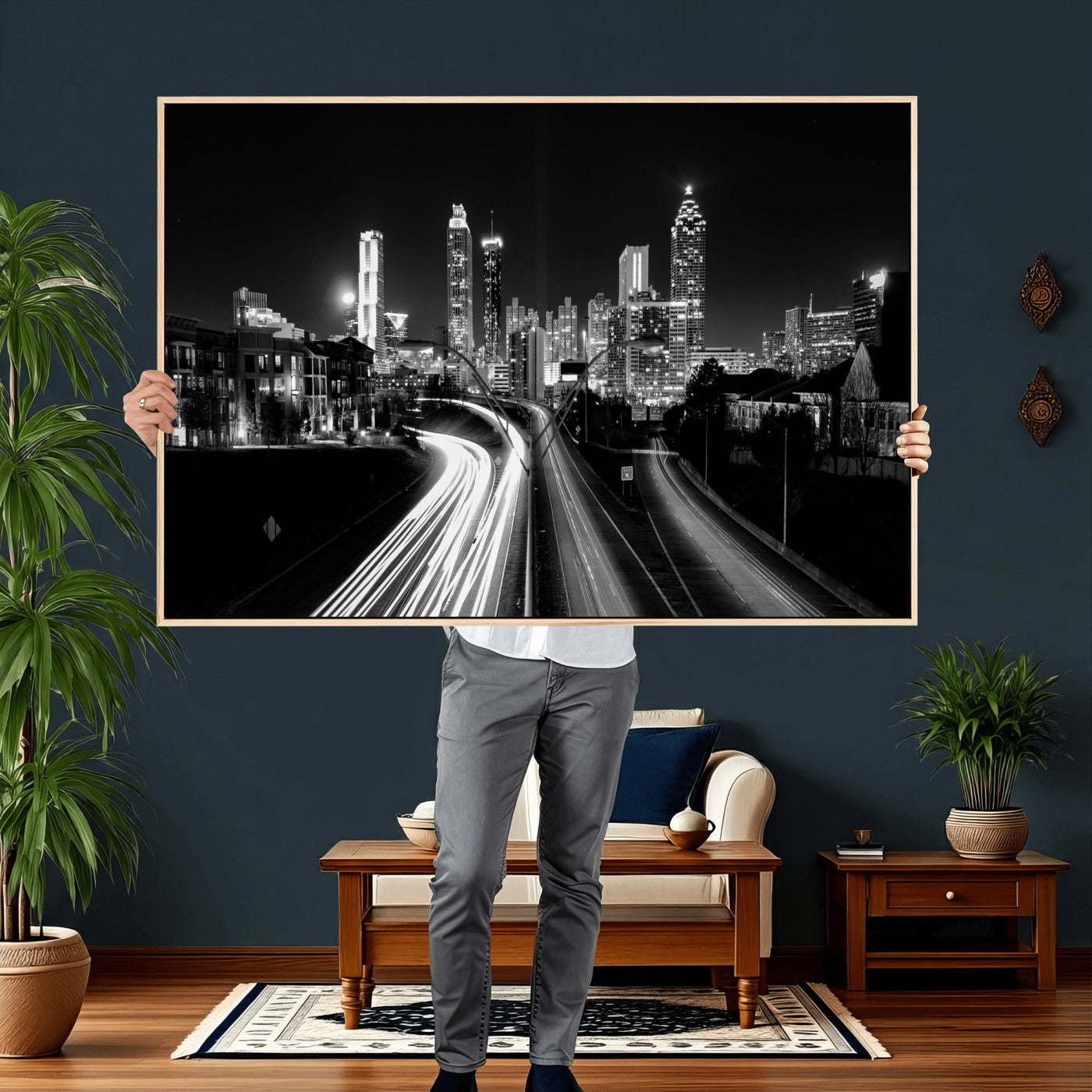 80330064-MGV-CV-36X24 - Atlanta Skyline Wall Art Canvas Print, Atlanta Downtown Night Cityscape Print for Modern Urban Wall Decor