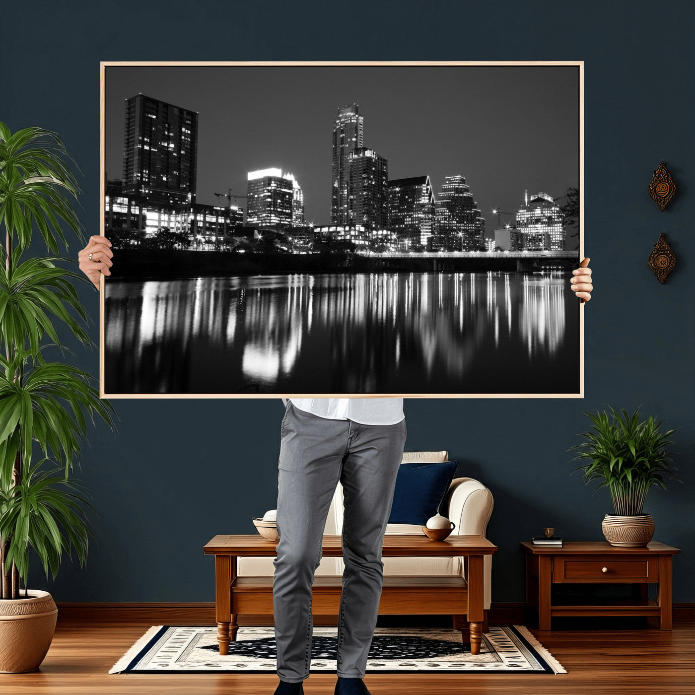 38129554-MGV-CV-36X24 - Austin Skyline Wall Art Canvas Print, Austin Downtown Night Cityscape Print for Modern Urban Wall Decor
