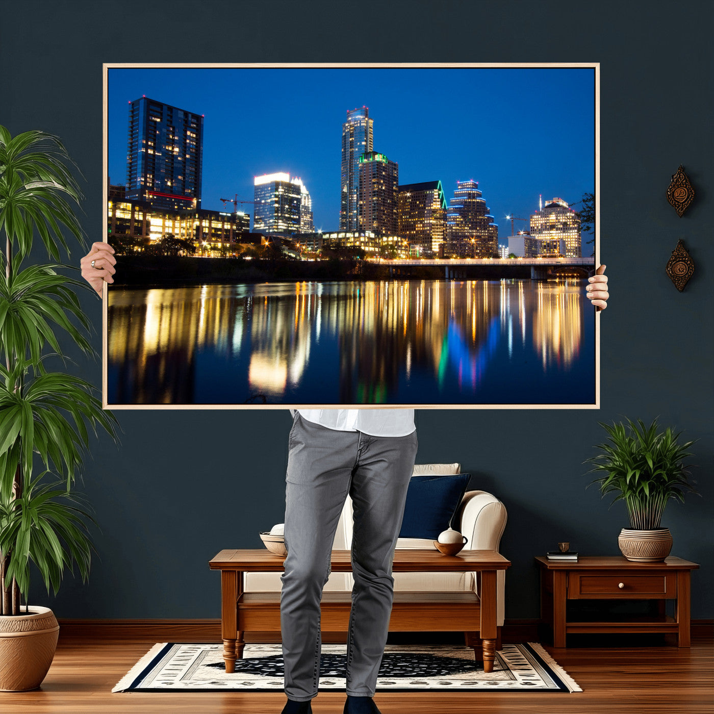 21916206-MGV-CV-36X24 - Austin Skyline Wall Art Canvas Print, Austin Downtown Night Cityscape Print for Modern Urban Wall Decor