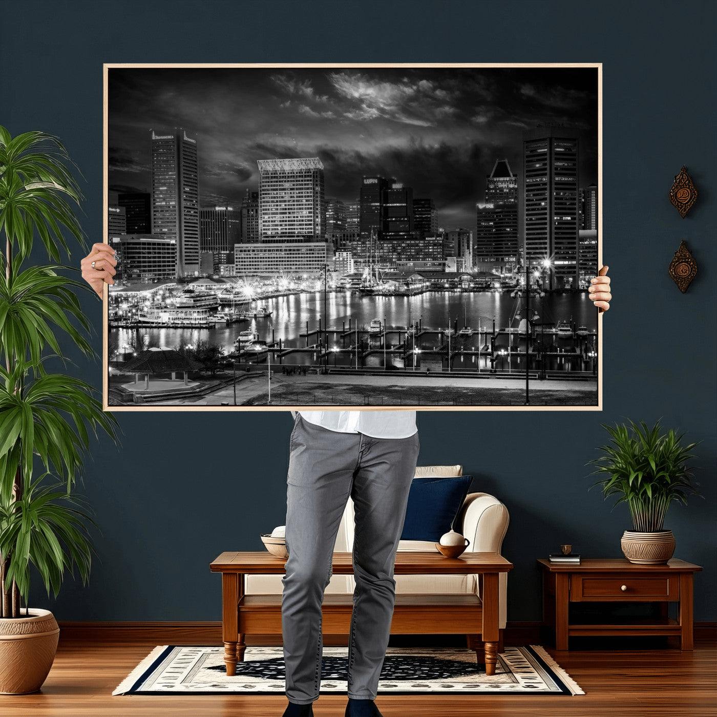 79755655-MGV-CV-36X24 - Baltimore Skyline Wall Art Canvas Print, Baltimore Downtown Night Cityscape Print for Modern Urban Wall Decor