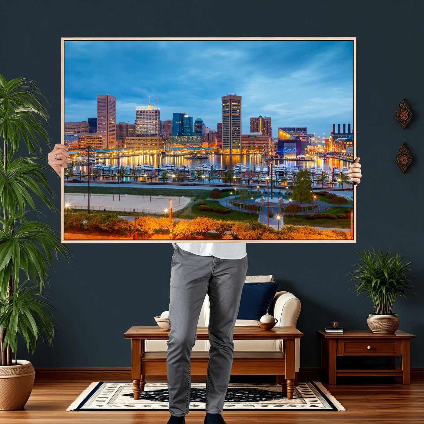 78635089-MGV-CV-36X24 - Baltimore Skyline Wall Art Canvas Print, Baltimore Downtown Night Cityscape Print for Modern Urban Wall Decor