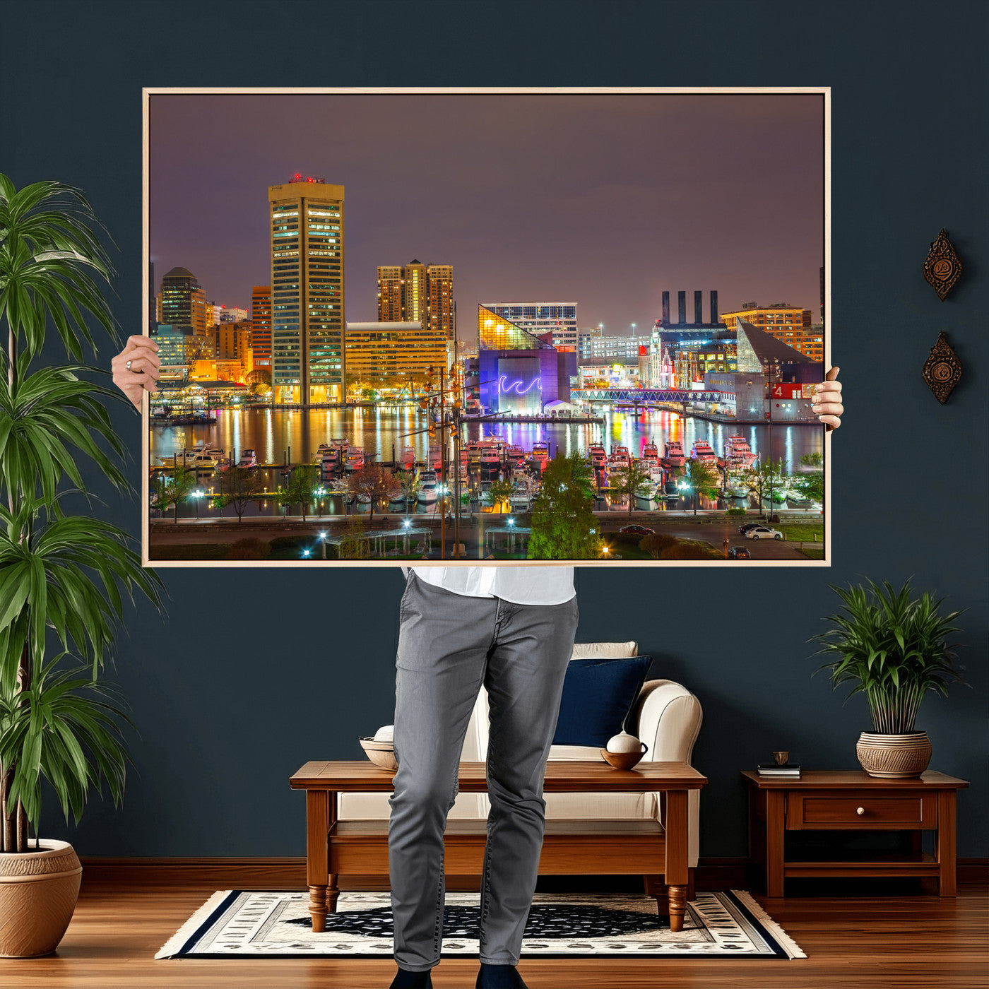 42654823-MGV-CV-36X24 - Baltimore Skyline Wall Art Canvas Print, Baltimore Downtown Night Cityscape Print for Modern Urban Wall Decor
