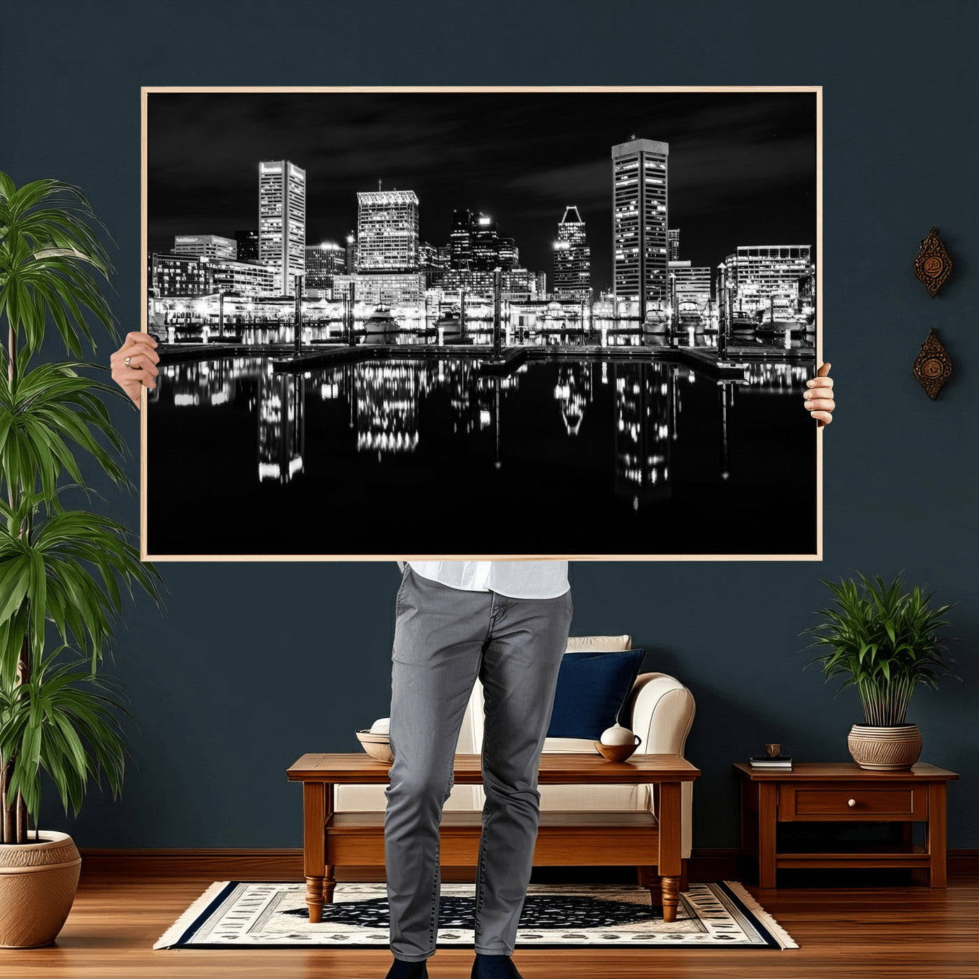 69187681-MGV-CV-36X24 - Baltimore Skyline Wall Art Canvas Print, Baltimore Downtown Night Cityscape Print for Modern Urban Wall Decor