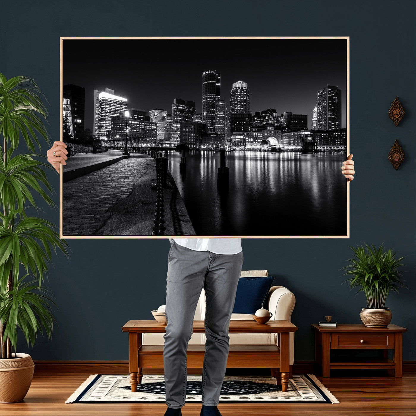 53082656-MGV-CV-36X24 - Boston Wall Art Canvas Print, Boston City Downtown Night Cityscape Print for Modern Urban Wall Decor