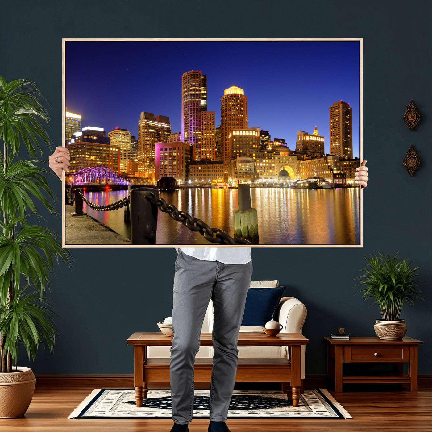 56611117-MGV-CV-36X24 - Boston Wall Art Canvas Print, Boston City Downtown Night Cityscape Print for Modern Urban Wall Decor