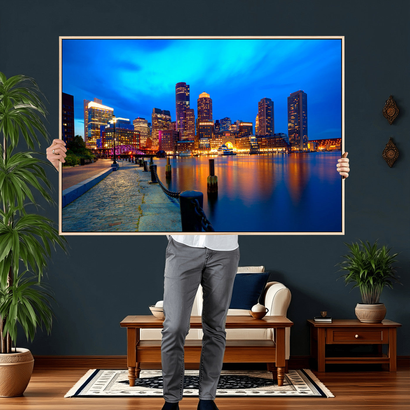 69619565-MGV-CV-36X24 - Boston Wall Art Canvas Print, Boston City Downtown Night Cityscape Print for Modern Urban Wall Decor