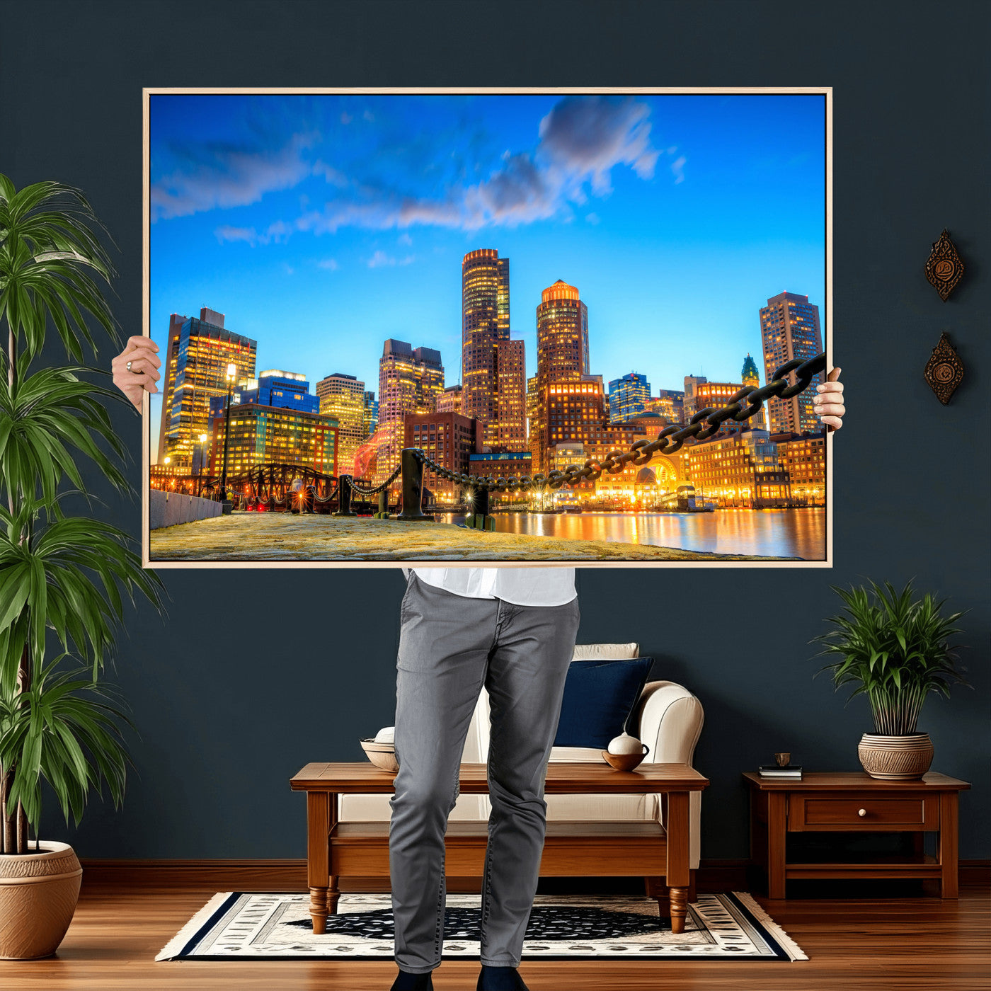 46736409-MGV-CV-36X24 - Boston Wall Art Canvas Print, Boston City Downtown Night Cityscape Print for Modern Urban Wall Decor