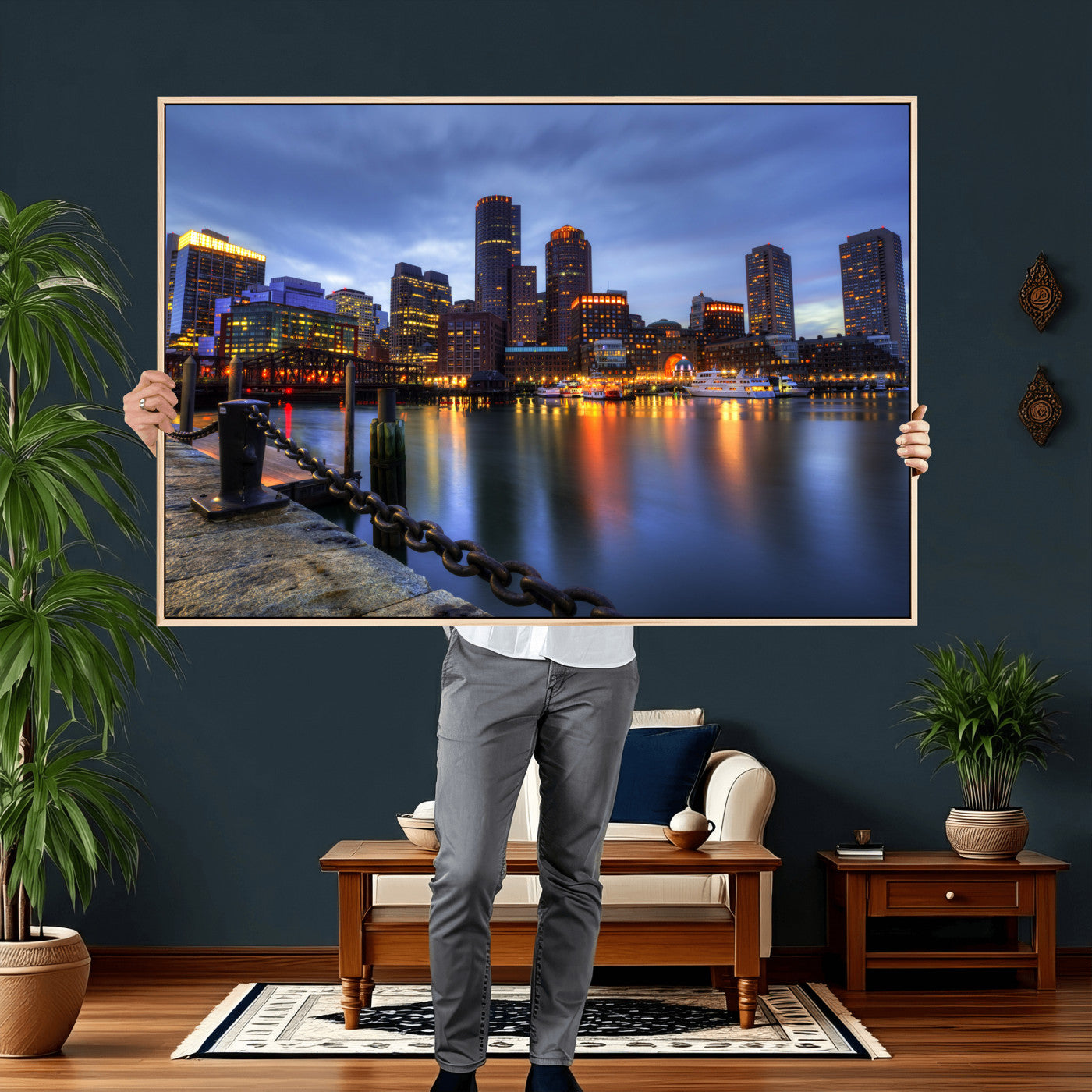 82439622-MGV-CV-36X24 - Boston Wall Art Canvas Print, Boston City Downtown Night Cityscape Print for Modern Urban Wall Decor