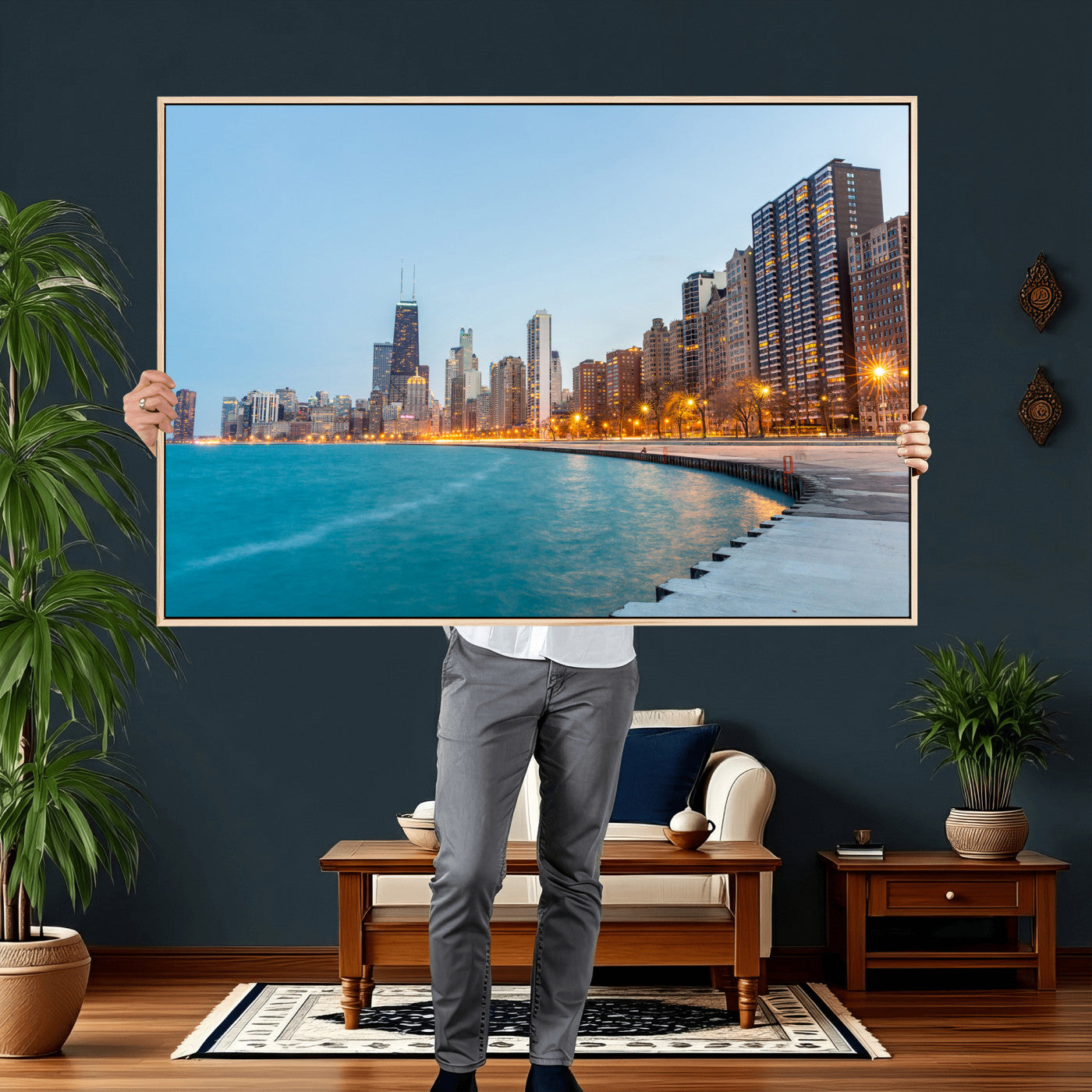 66780141-MGV-CV-36X24 - Chicago Wall Art Canvas Print, Chicago City Downtown Night Cityscape Print for Modern Urban Wall Decor