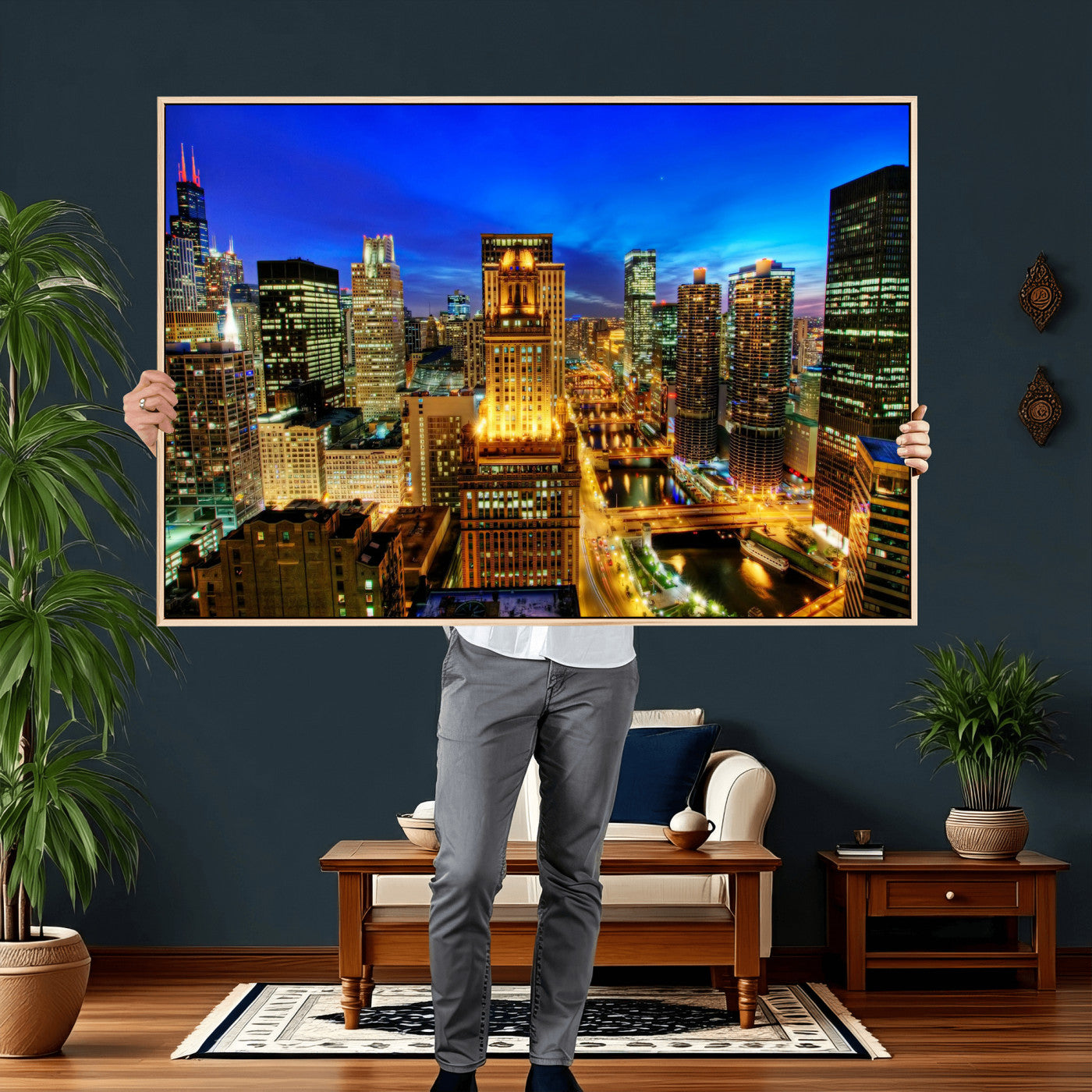 46298885-MGV-CV-36X24 - Chicago Wall Art Canvas Print, Chicago City Downtown Night Cityscape Print for Modern Urban Wall Decor