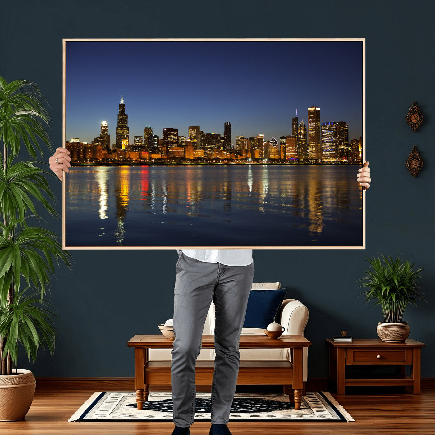 67308035-MGV-CV-36X24 - Chicago Wall Art Canvas Print, Chicago City Downtown Night Cityscape Print for Modern Urban Wall Decor