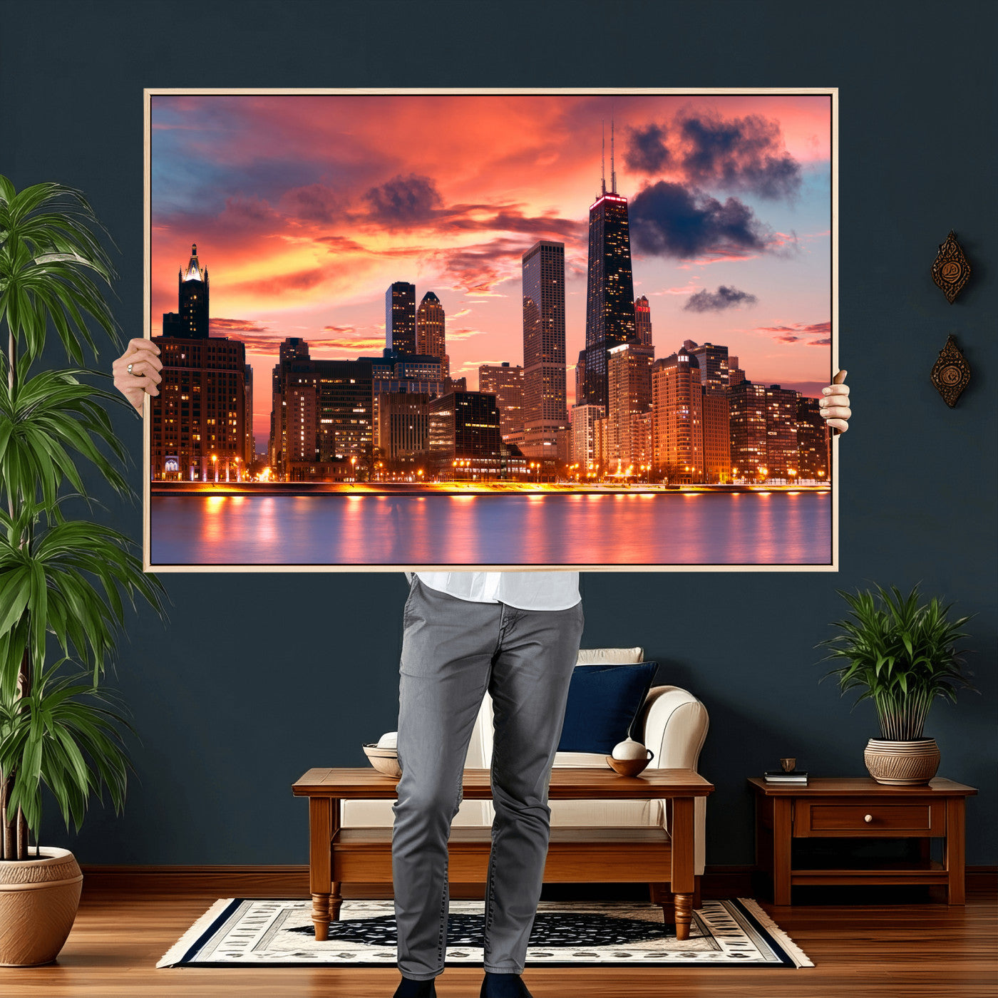 80390109-MGV-CV-36X24 - Chicago Wall Art Canvas Print, Chicago City Downtown Night Cityscape Print for Modern Urban Wall Decor