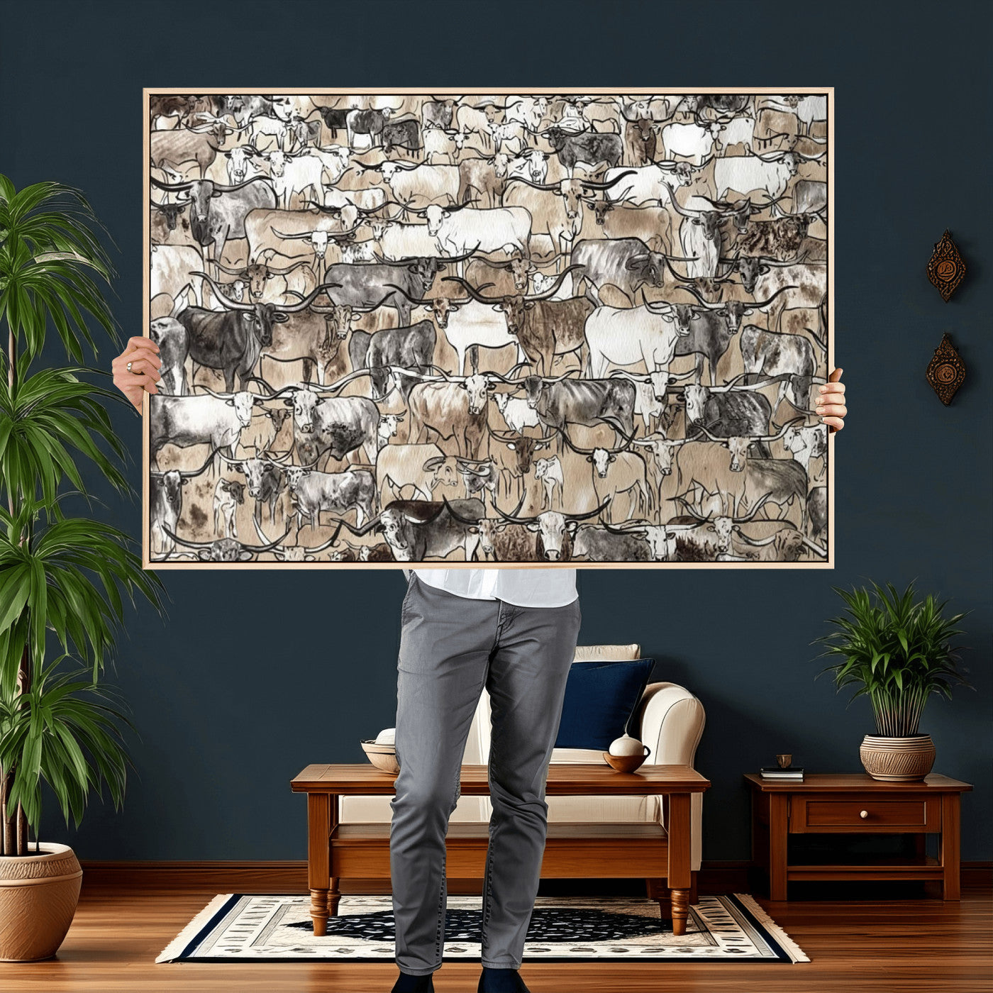 64368752-MGV-CV-36X24 - Farmhouse Animals Wall Art Canvas Print - Abstract Farm Animal Drawing Mid-Century Wall Art for Cabin Decor