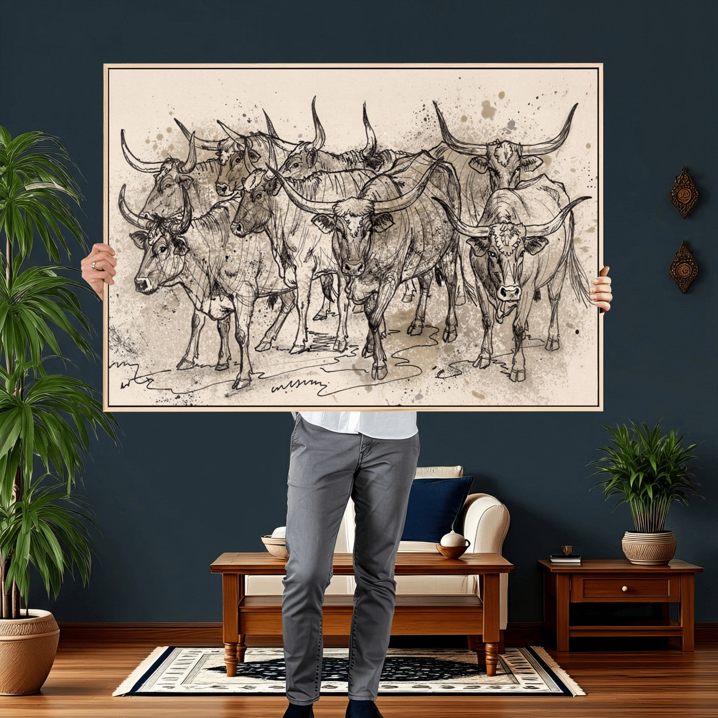 74232558-MGV-CV-36X24 - Farmhouse Animals Wall Art Canvas Print - Abstract Farm Animal Drawing Mid-Century Wall Art for Cabin Decor