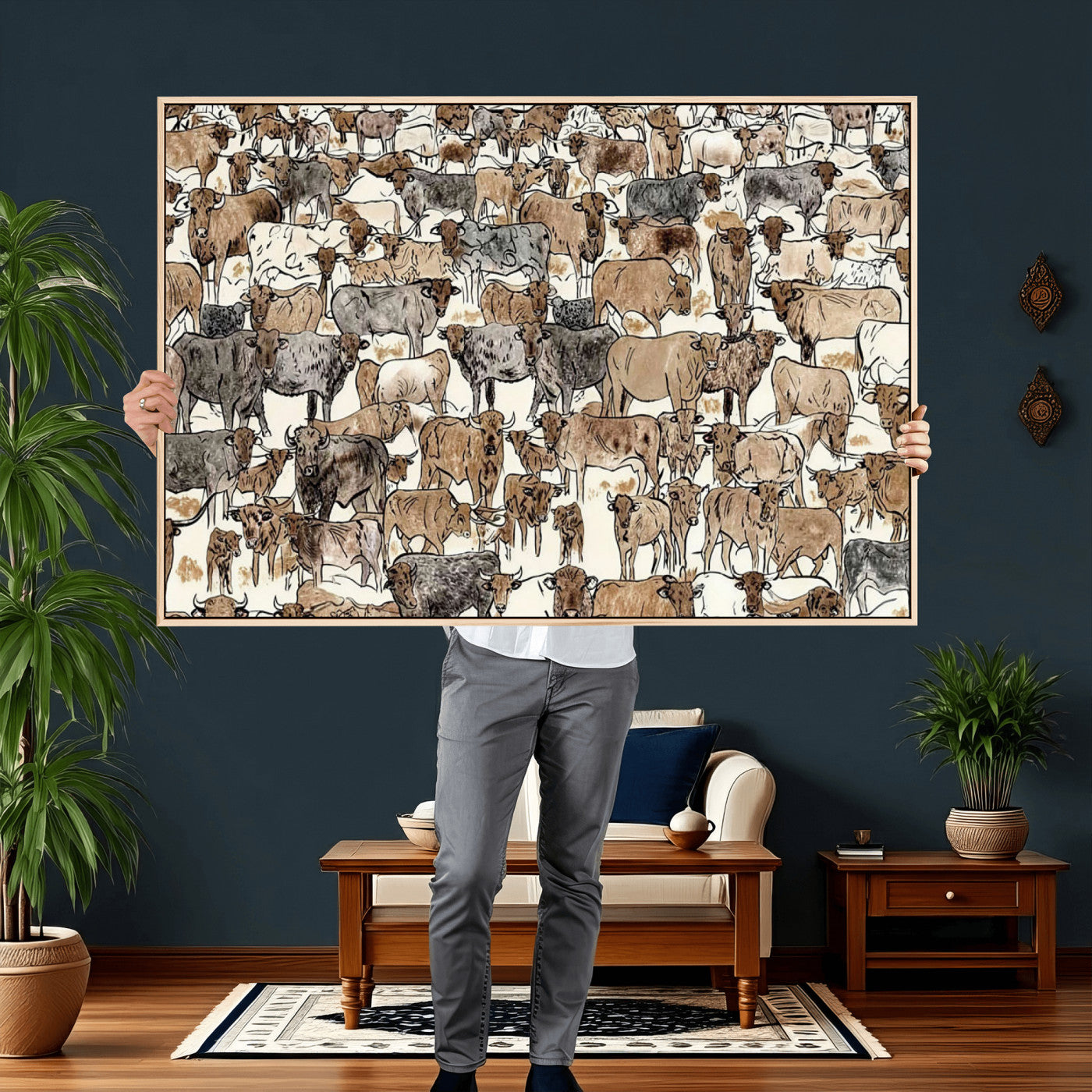 76902119-MGV-CV-36X24 - Farmhouse Animals Wall Art Canvas Print - Abstract Farm Animal Drawing Mid-Century Wall Art for Cabin Decor