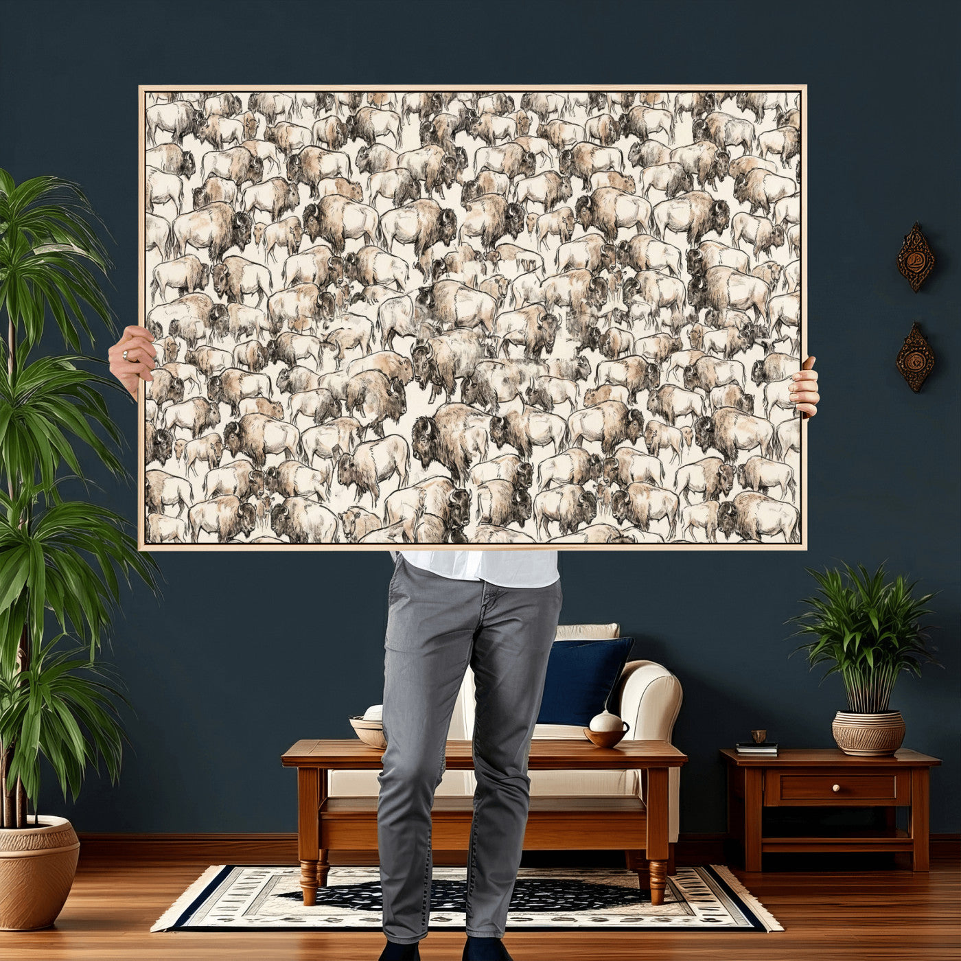 77502929-MGV-CV-36X24 - Farmhouse Animals Wall Art Canvas Print - Abstract Farm Animal Drawing Mid-Century Wall Art for Cabin Decor