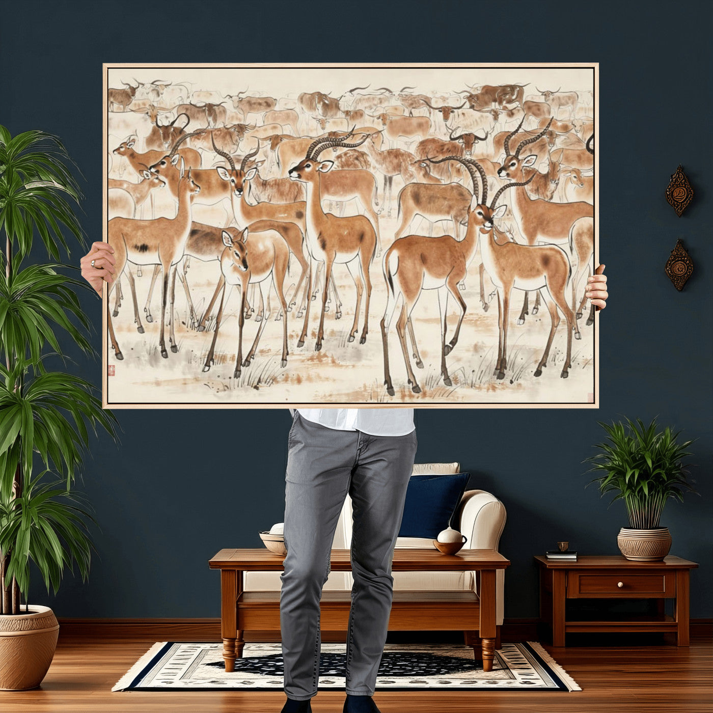 67375088-MGV-CV-36X24 - Farmhouse Animals Wall Art Canvas Print - Abstract Farm Animal Drawing Mid-Century Wall Art for Cabin Decor