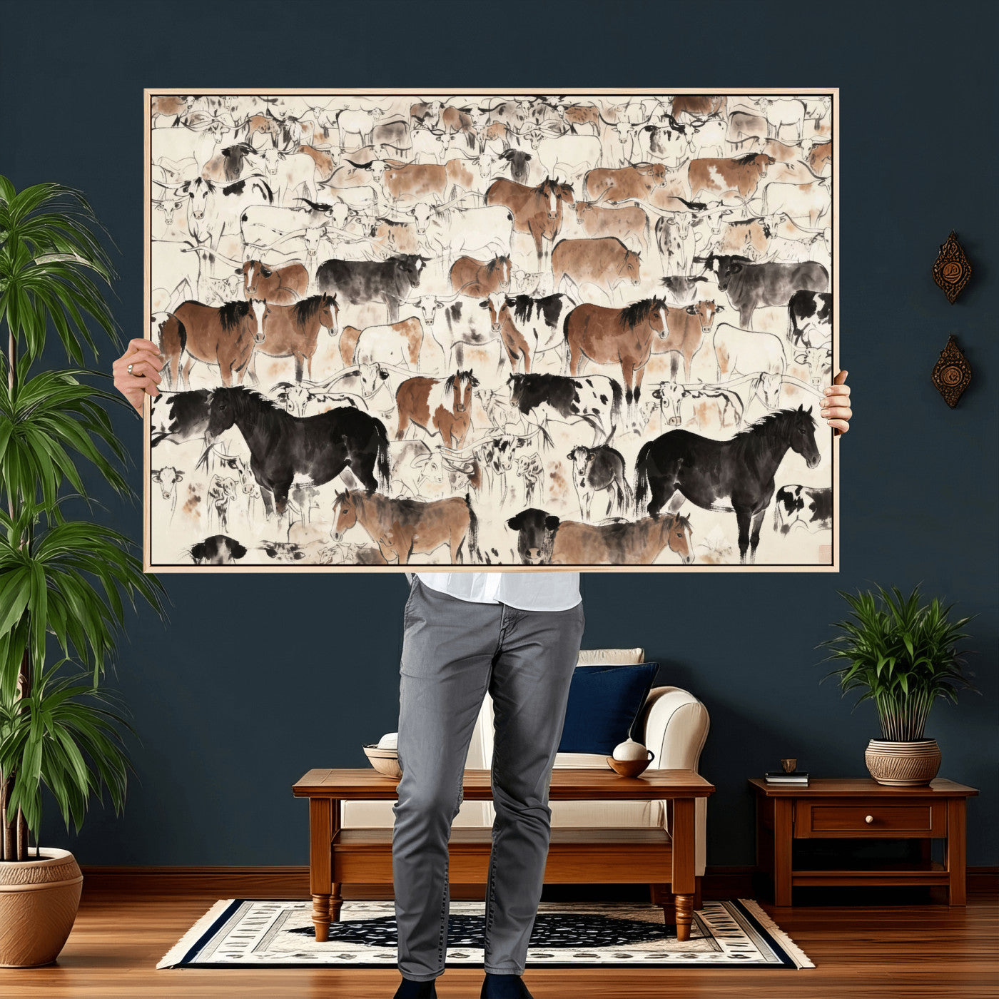 74171578-MGV-CV-36X24 - Farmhouse Animals Wall Art Canvas Print - Abstract Farm Animal Drawing Mid-Century Wall Art for Cabin Decor
