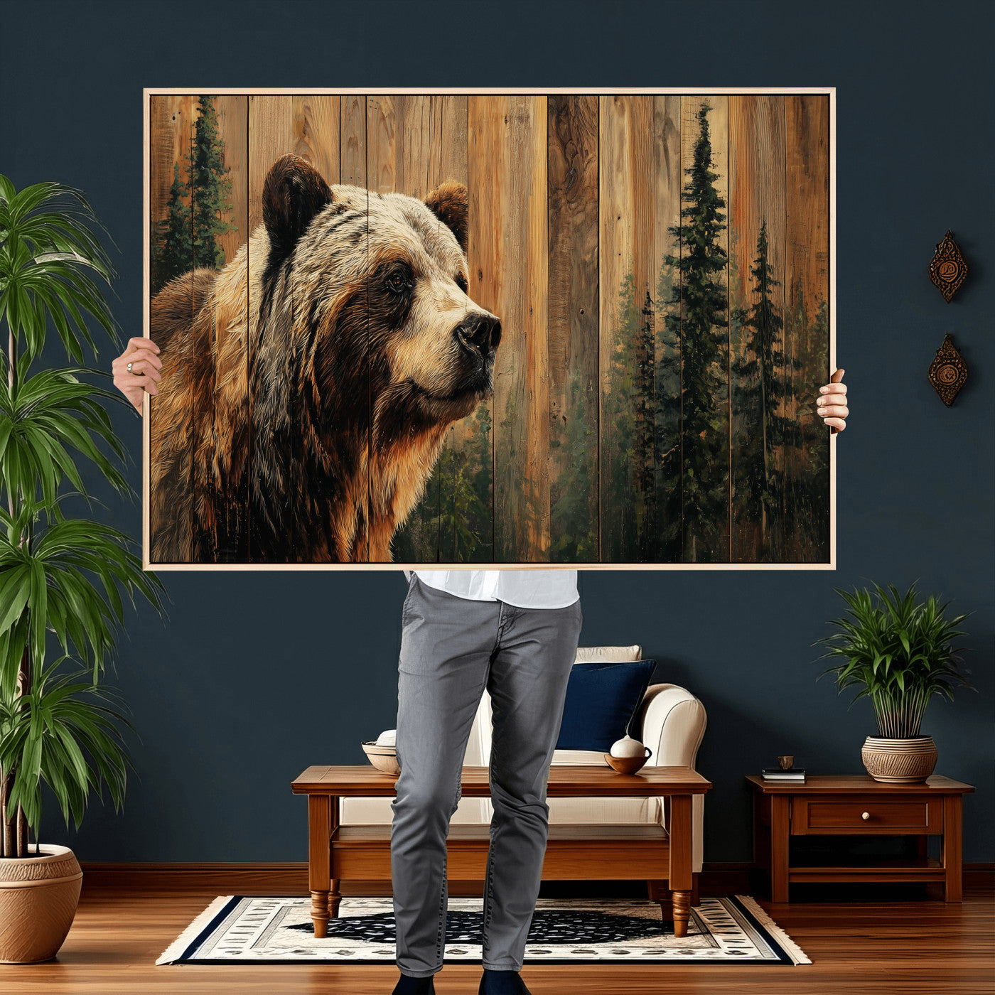 75645180-MGV-CV-36X24 - Grizzly Bear Wall Art Canvas Print, Rustic Wildlife Bear Artwork, Forest Animal Painting, Cabin Lodge Nature Wall Decor