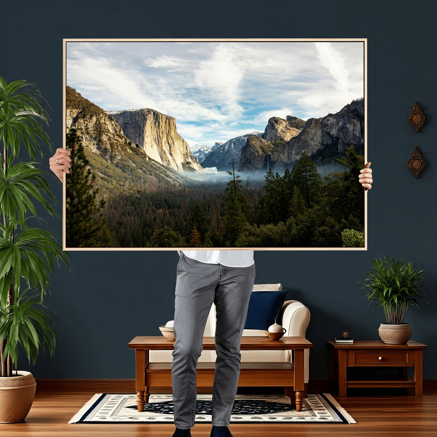 15089394-MGV-CV-36X24 - Yosemite Valley Mountain Landscape Wall Art Canvas Print, Granite Cliff Forest Valley Canvas Print, California National Park Scenic Art Printing