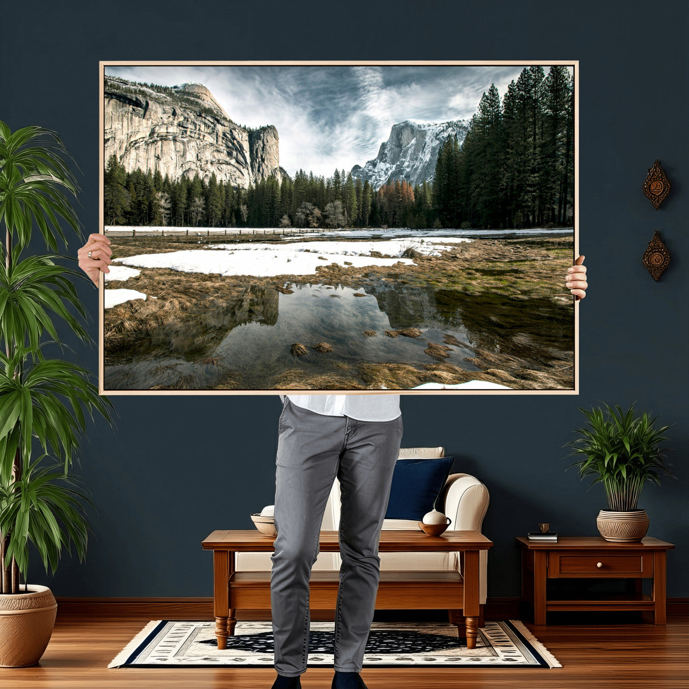 14527348-MGV-CV-36X24 - Yosemite Valley Mountain Landscape Wall Art Canvas Print, Granite Cliff Forest Valley Canvas Print, California National Park Scenic Art Printing