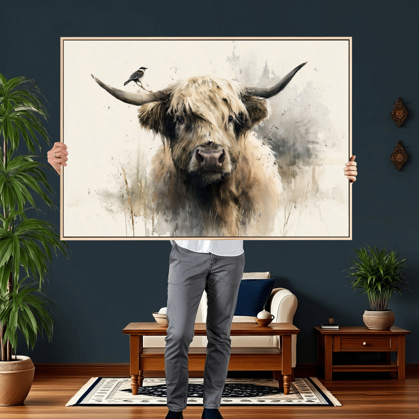 98249290-MGV-CV-36X24 - Abstract Highland Cow Watercolor Animal Wall Art Canvas Print, Rustic Farm Cattle Portrait Canvas Print, Neutral Wildlife Farmhouse Art Printing